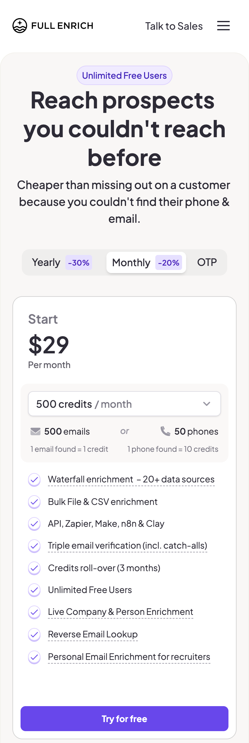 FulEnrich mobile pricing page