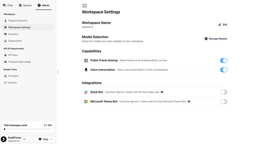 Dust Workspace Settings