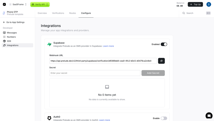 Prelude Integrations Settings
