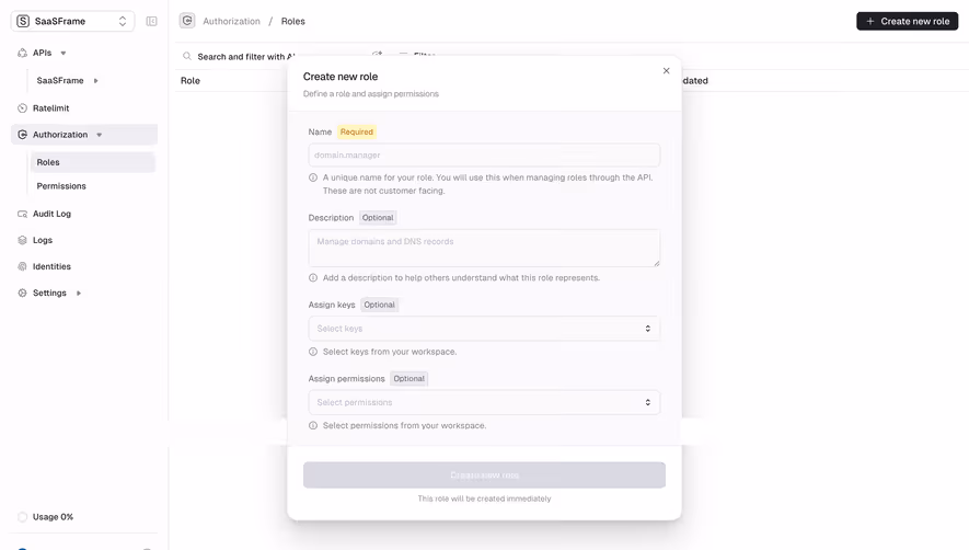 Unkey Create New Role
