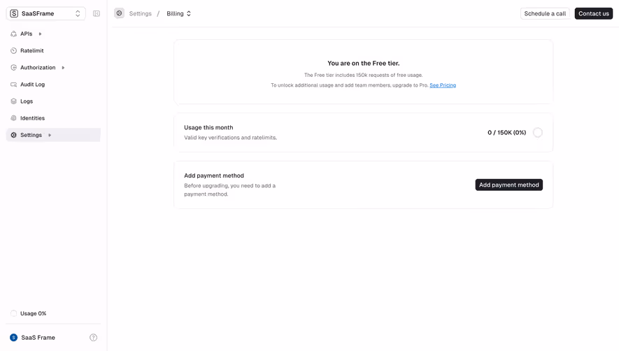 Unkey Billing Settings