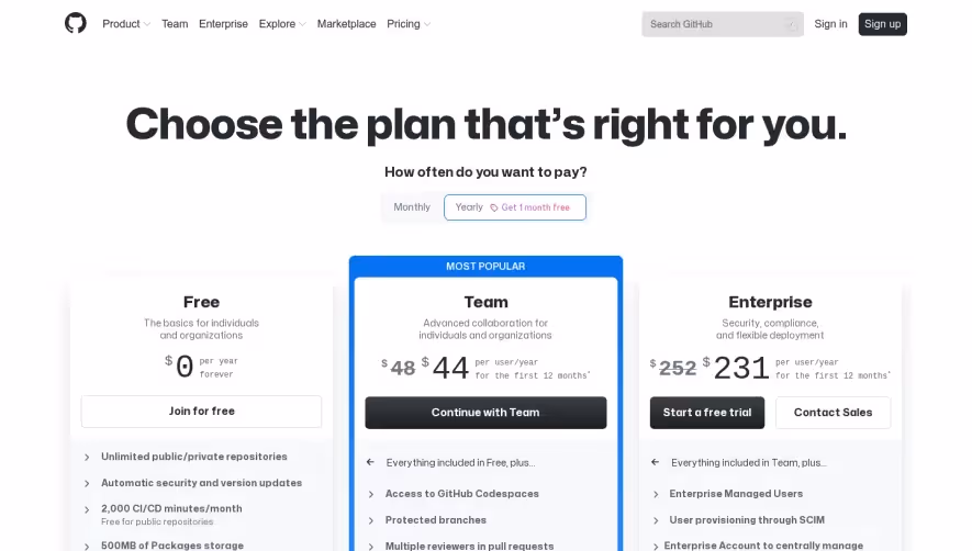 GitHub Pricing Page