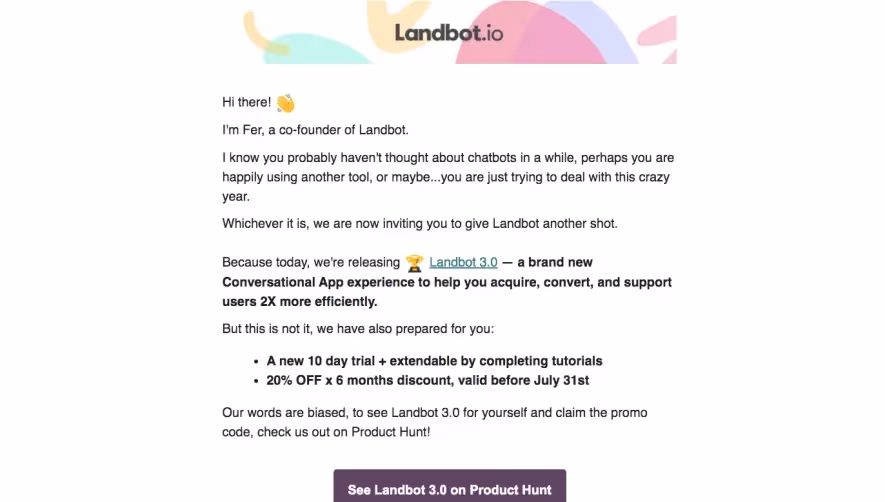 Landbot Product Hunt Launch Email