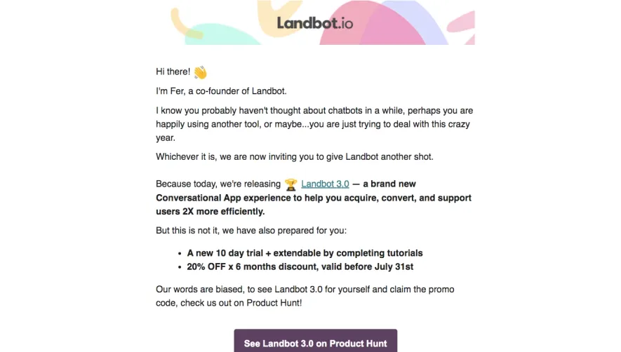 Landbot Product Hunt Launch Email