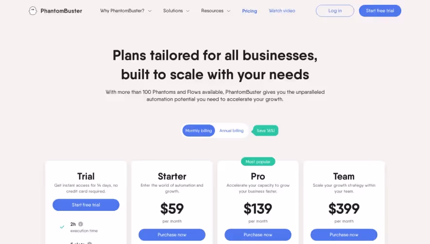 Phantombuster hantombustuer Pricing Page