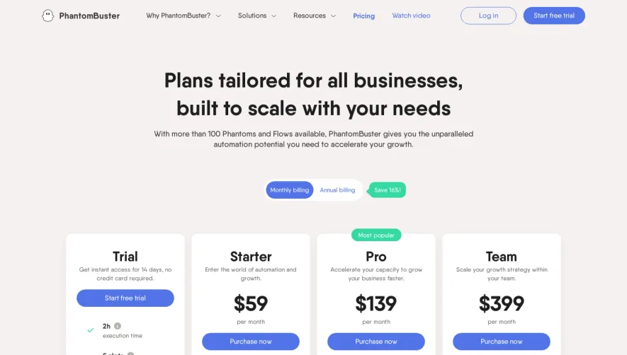 Phantombuster hantombustuer Pricing Page