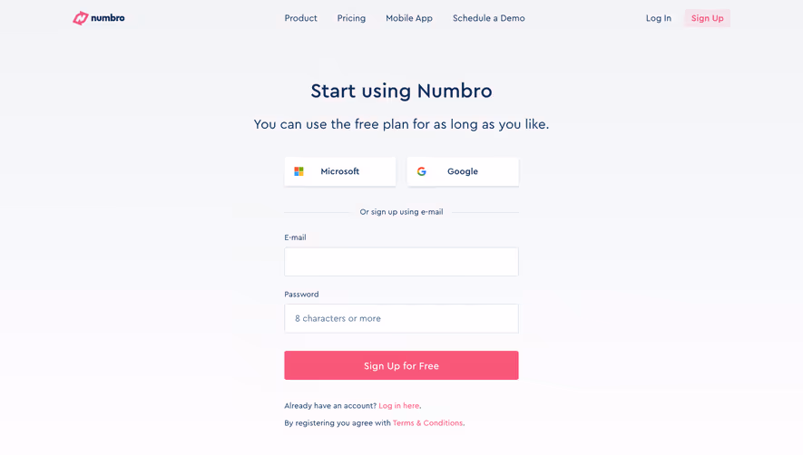 Numbro Signup Page