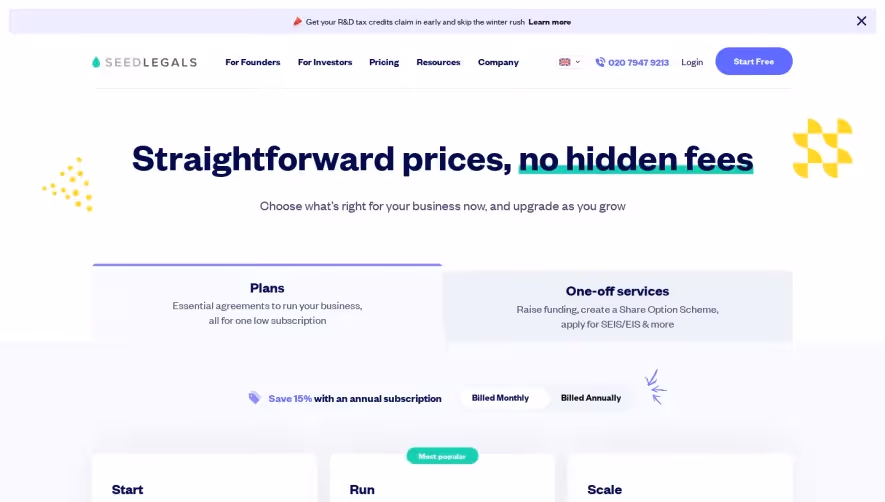 SeedLegals Pricing Page