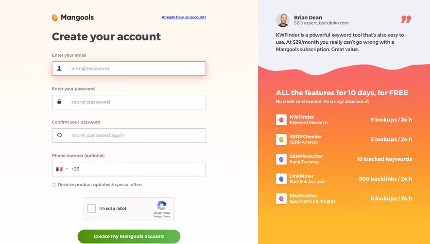 Mangools Signup Page