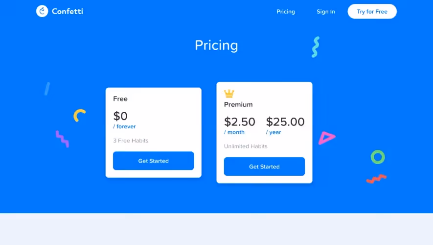 Confetti Pricing Page