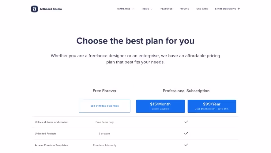 Artboard Studio Pricing Page