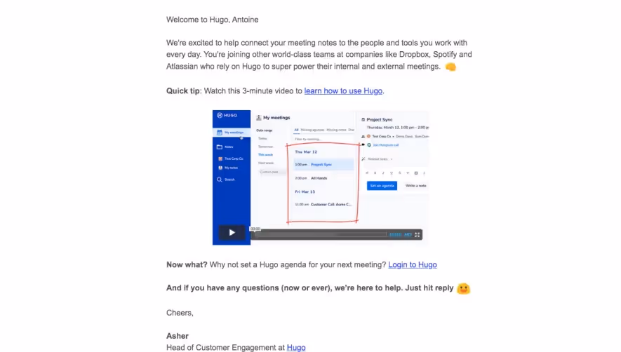 Hugo Welcome Email