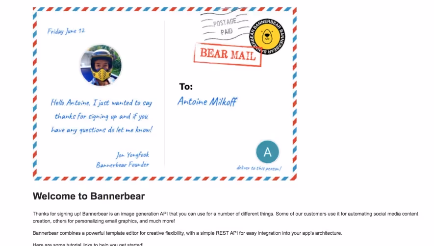 Bannerbear Welcome Email