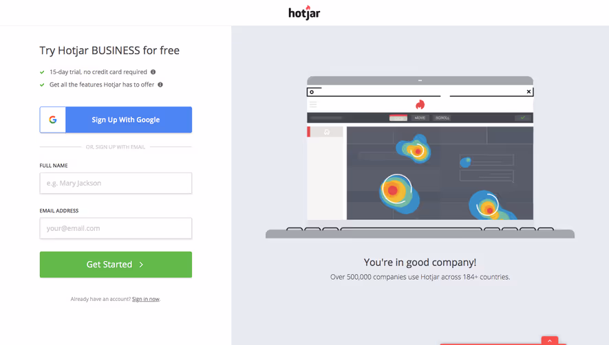 Hotjar Signup Page