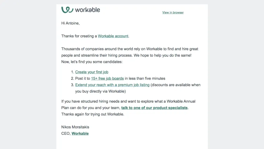 Workable Welcome Email
