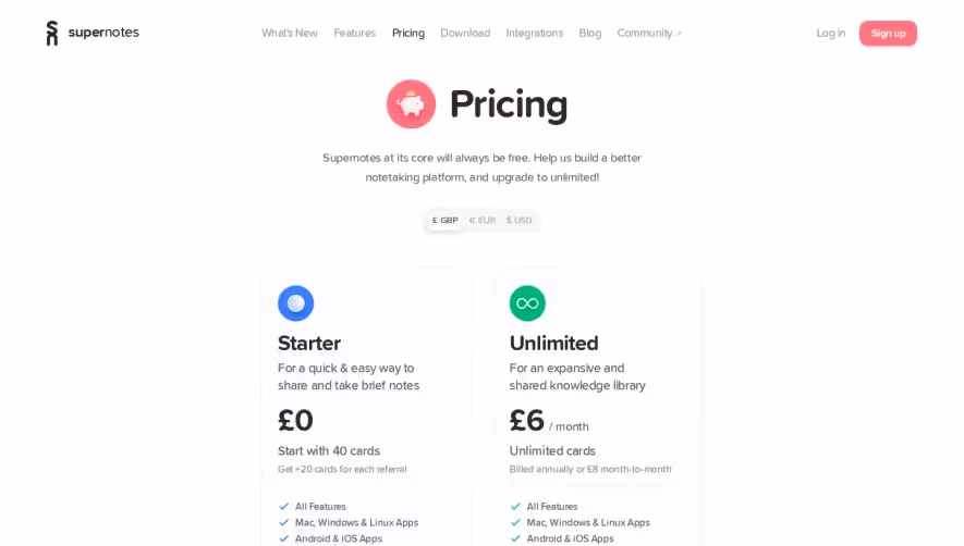 Supernotes Pricing Page