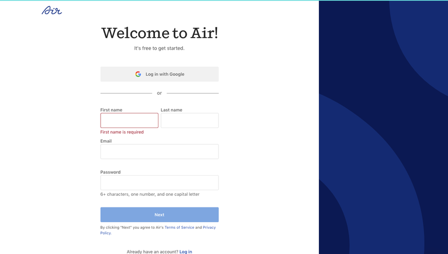 Air Signup Page