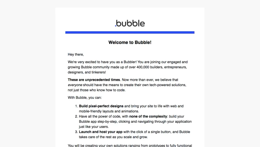 Bubble Welcome Email