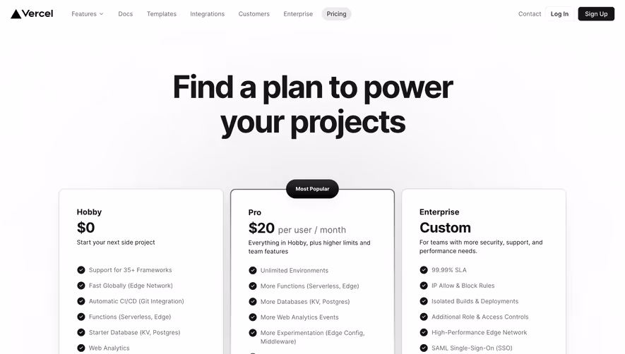 Vercel Pricing Page