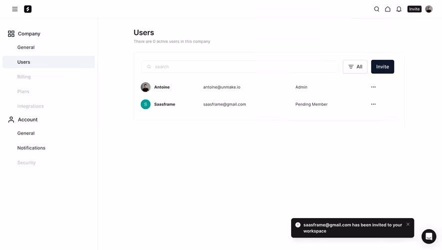 Frame Invite Team Members