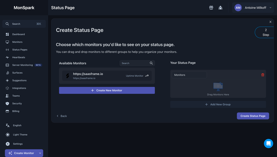 MonSpark Create Status Page
