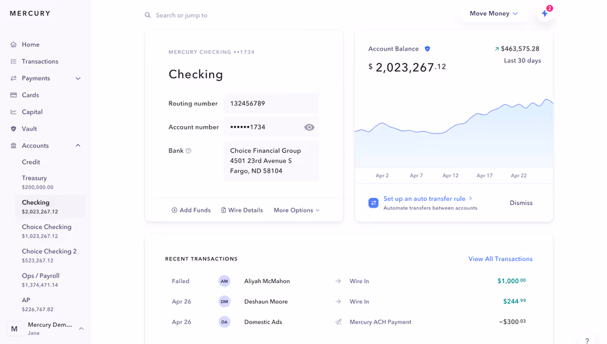 Mercury Checking Dashboard