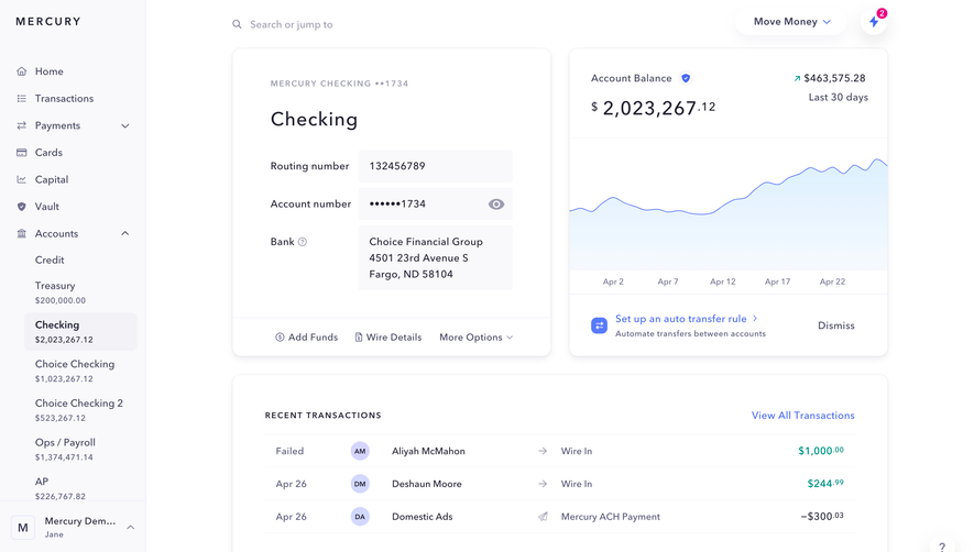 Mercury Checking Dashboard