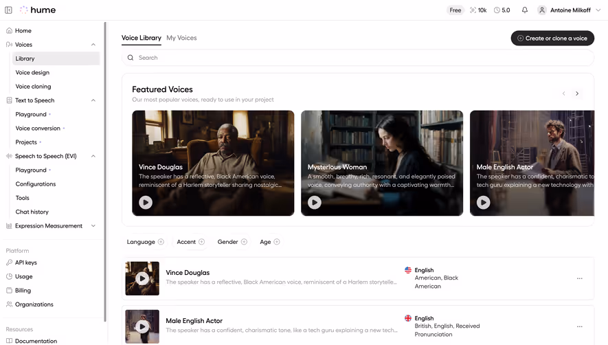 Hume AI Voices Library