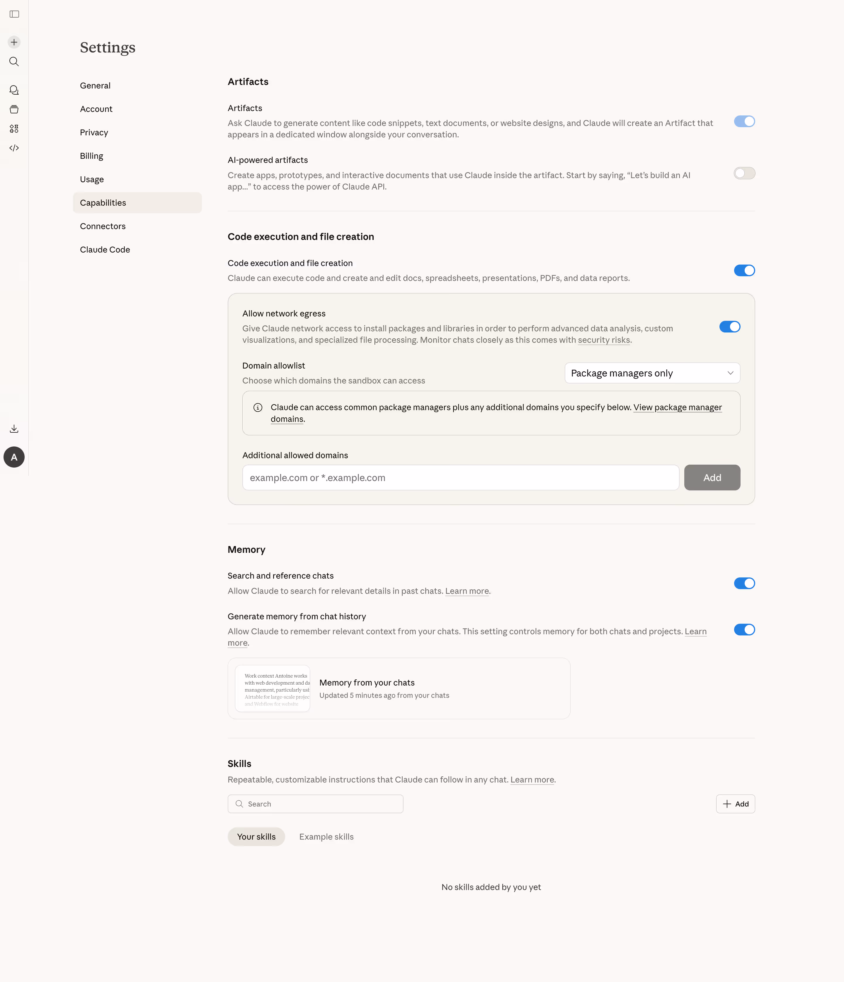 Claude Capabilities Settings