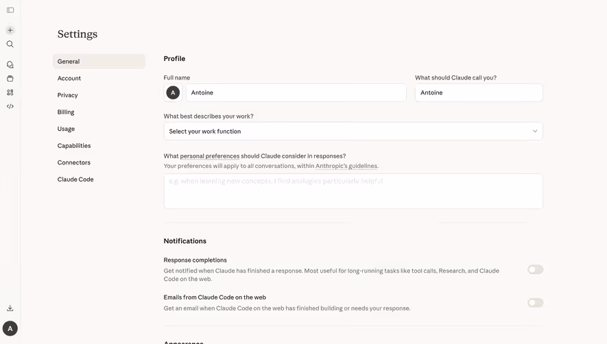 Claude General Settings