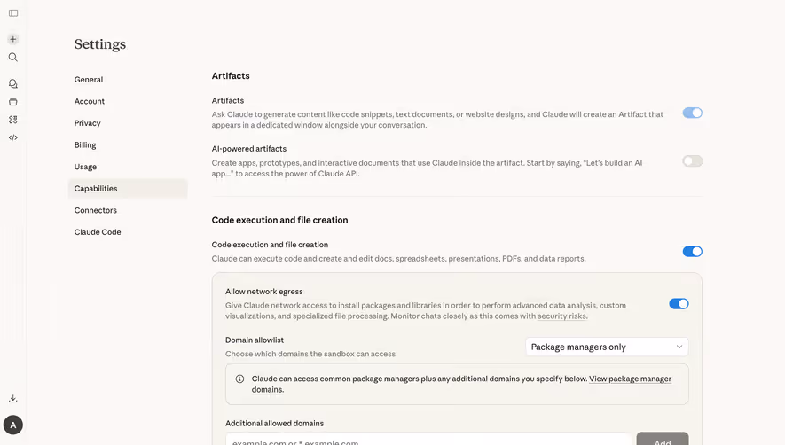 Claude Capabilities Settings
