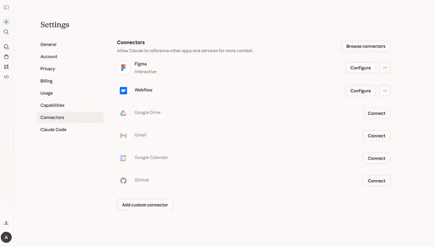 Claude Connectors Settings