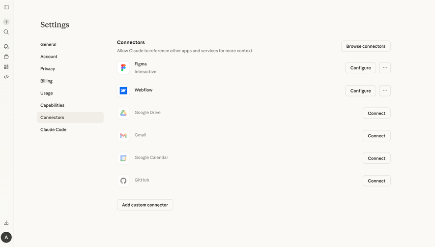 Claude Connectors Settings