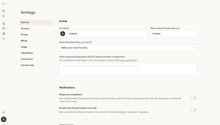 Claude General Settings
