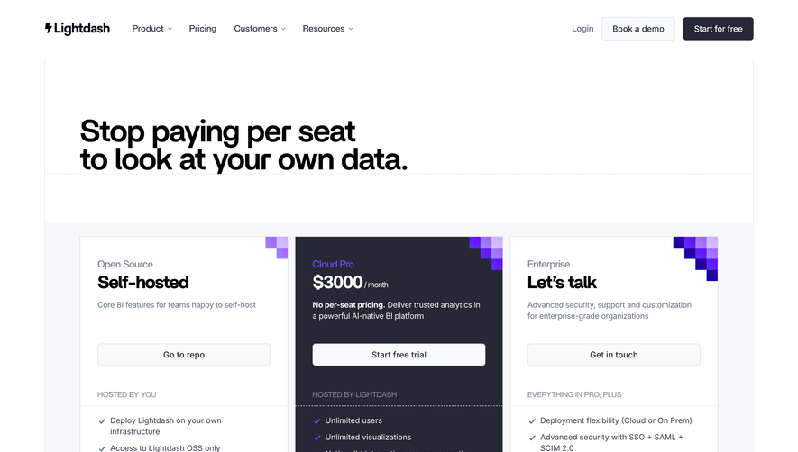Lightdash Pricing Page