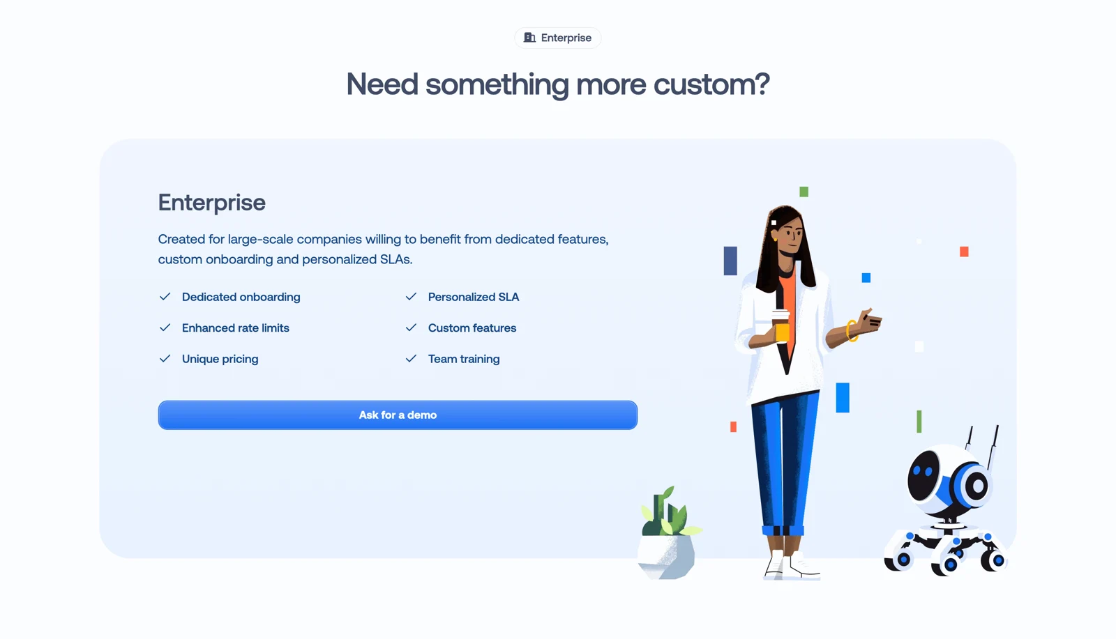 Crisp enterprise pricing section listing dedicated onboarding, personalized SLAs, custom features, and team training