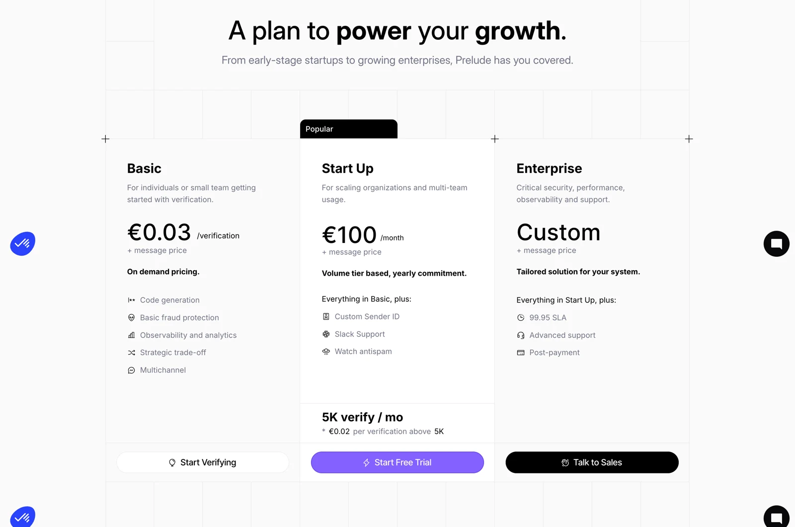 Prelude pricing cards describing Basic, Start Up, and Enterprise audiences