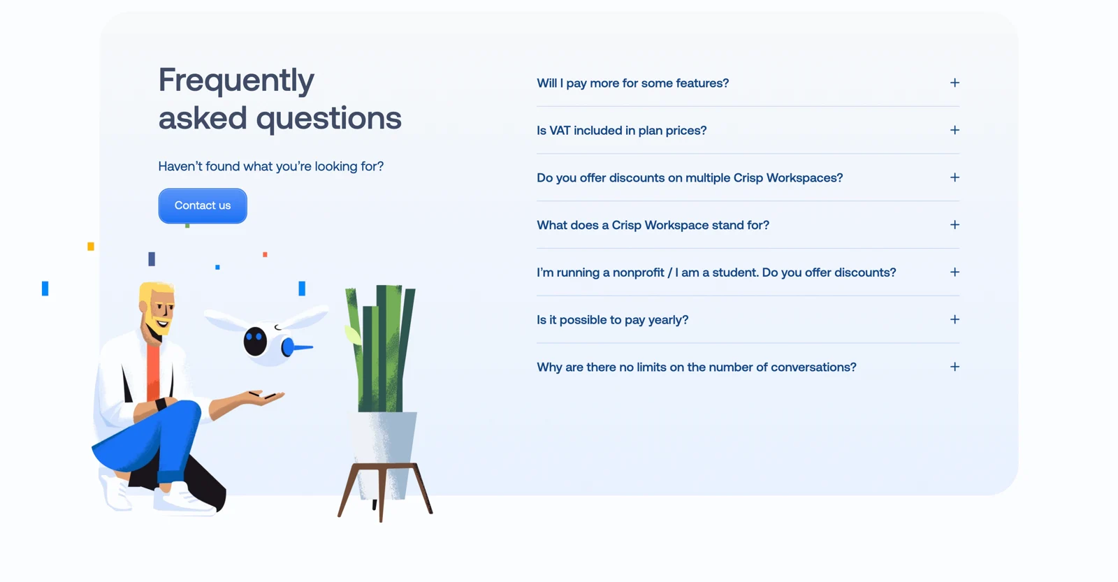Crisp pricing FAQ asking about VAT, extra feature costs, workspace definitions, and annual payment
