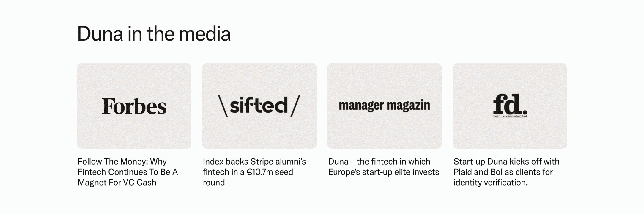 Duna media section with four publication marks and article headlines presented as separate cards.