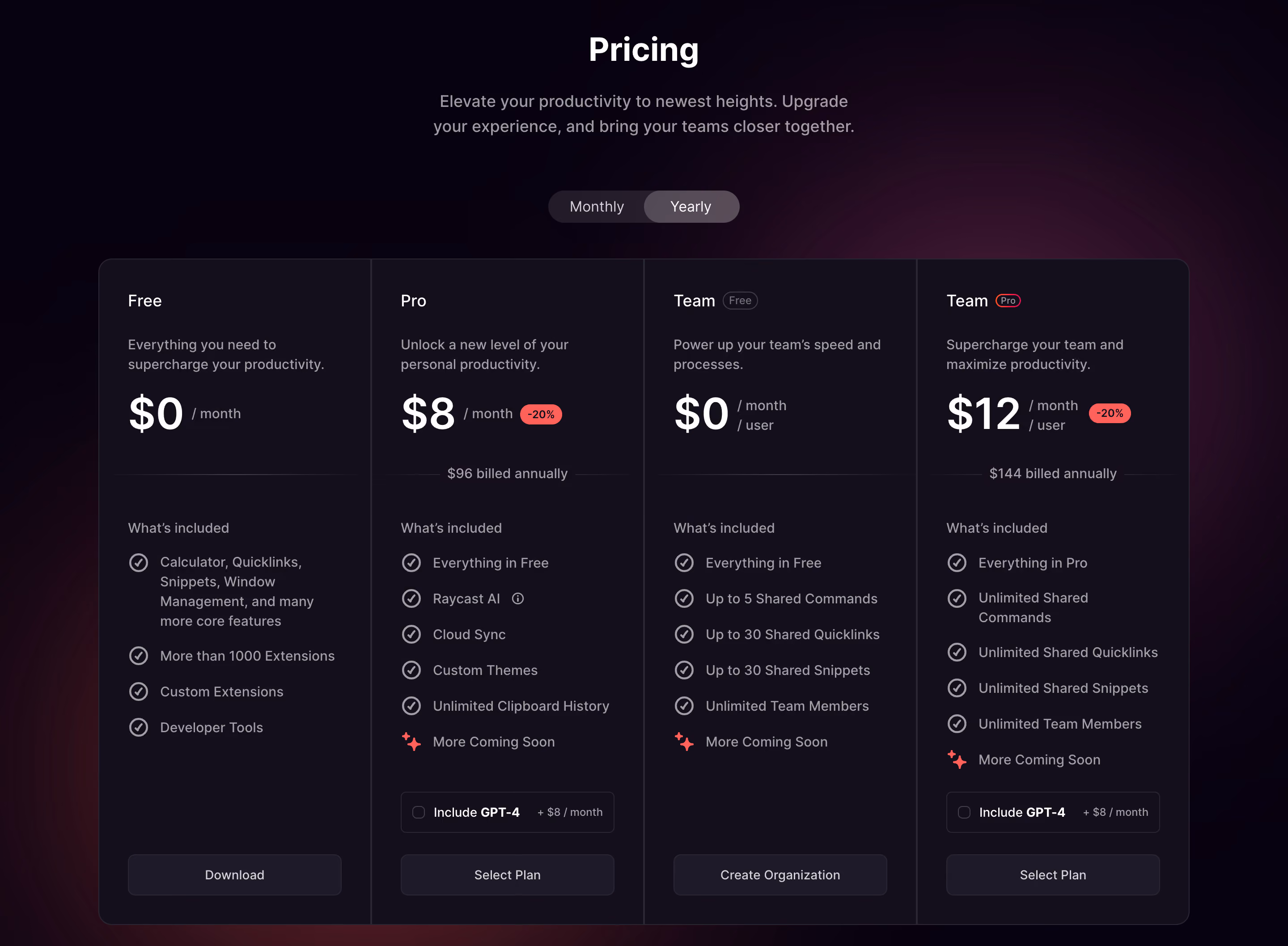 Raycast Productivity plans