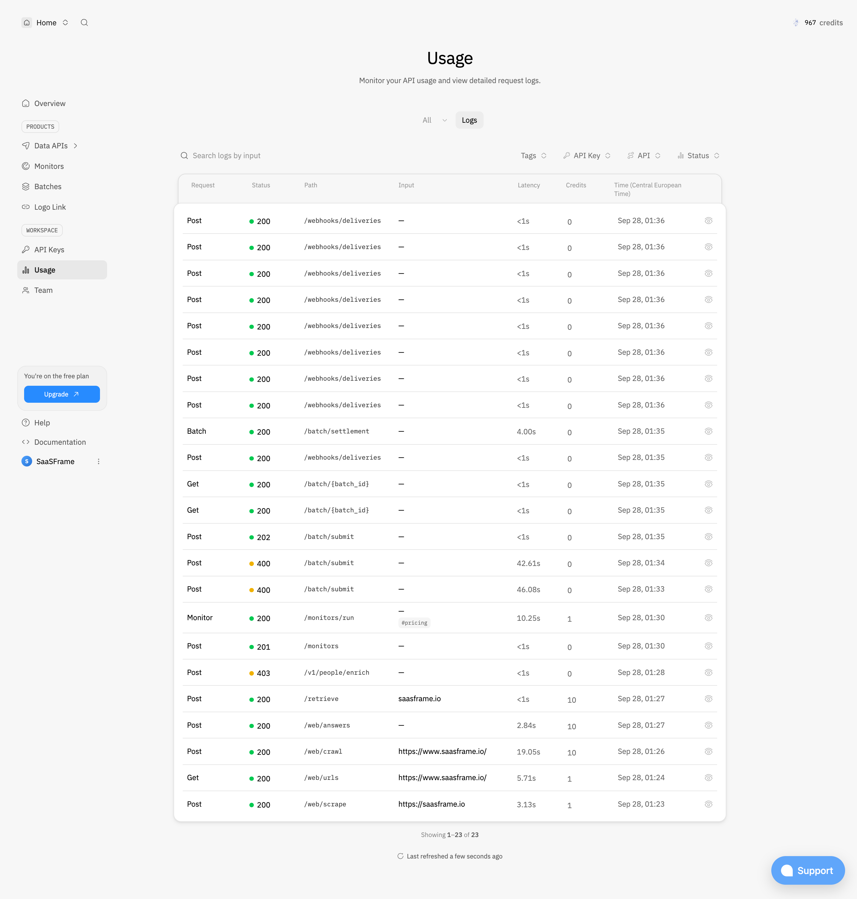 Context.dev Usage history design reference captured in SaaSFrame