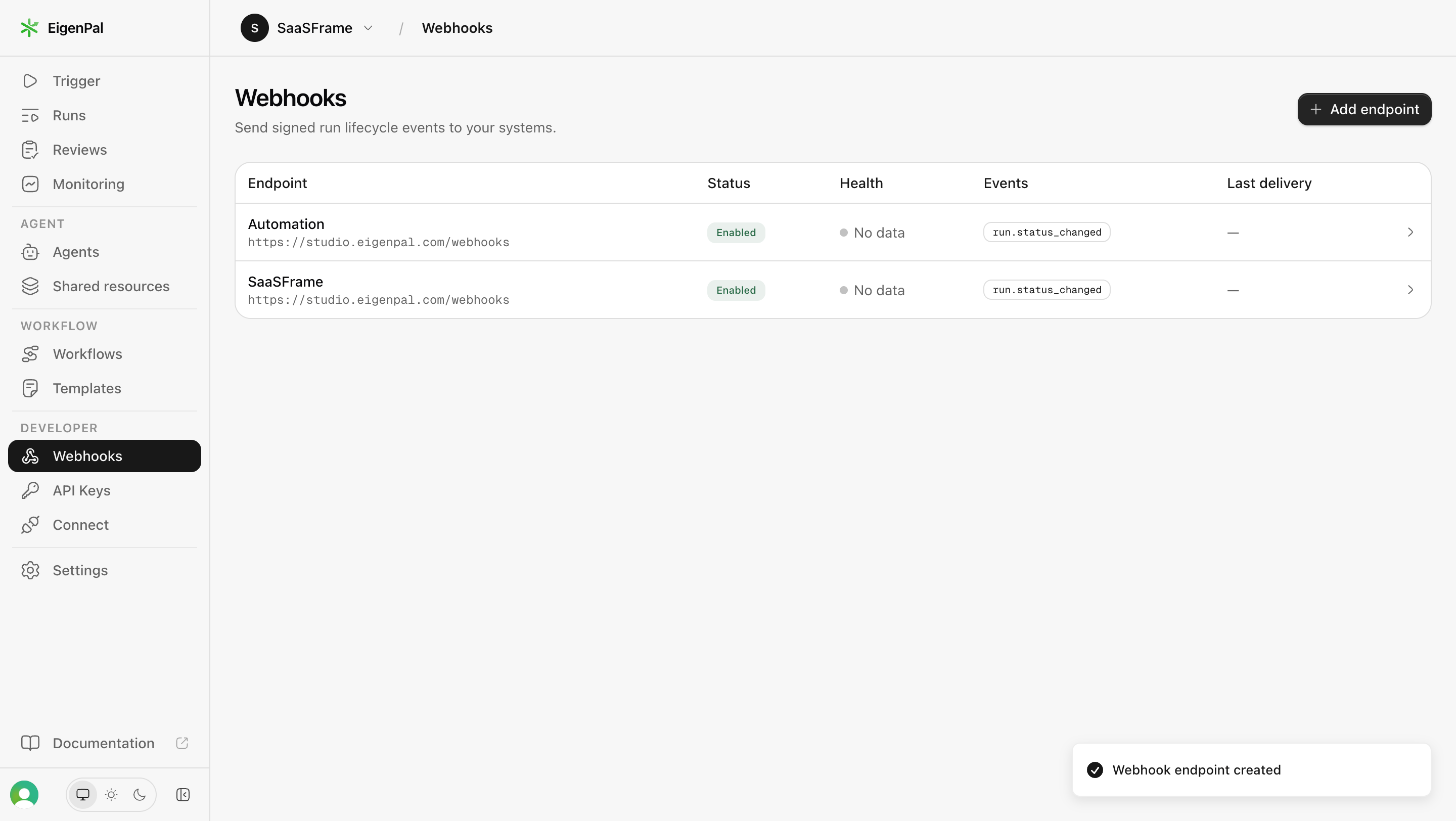 EigenPal webhook endpoint table showing endpoint names and URLs, Enabled status, No data health, event subscriptions, and empty last-delivery values