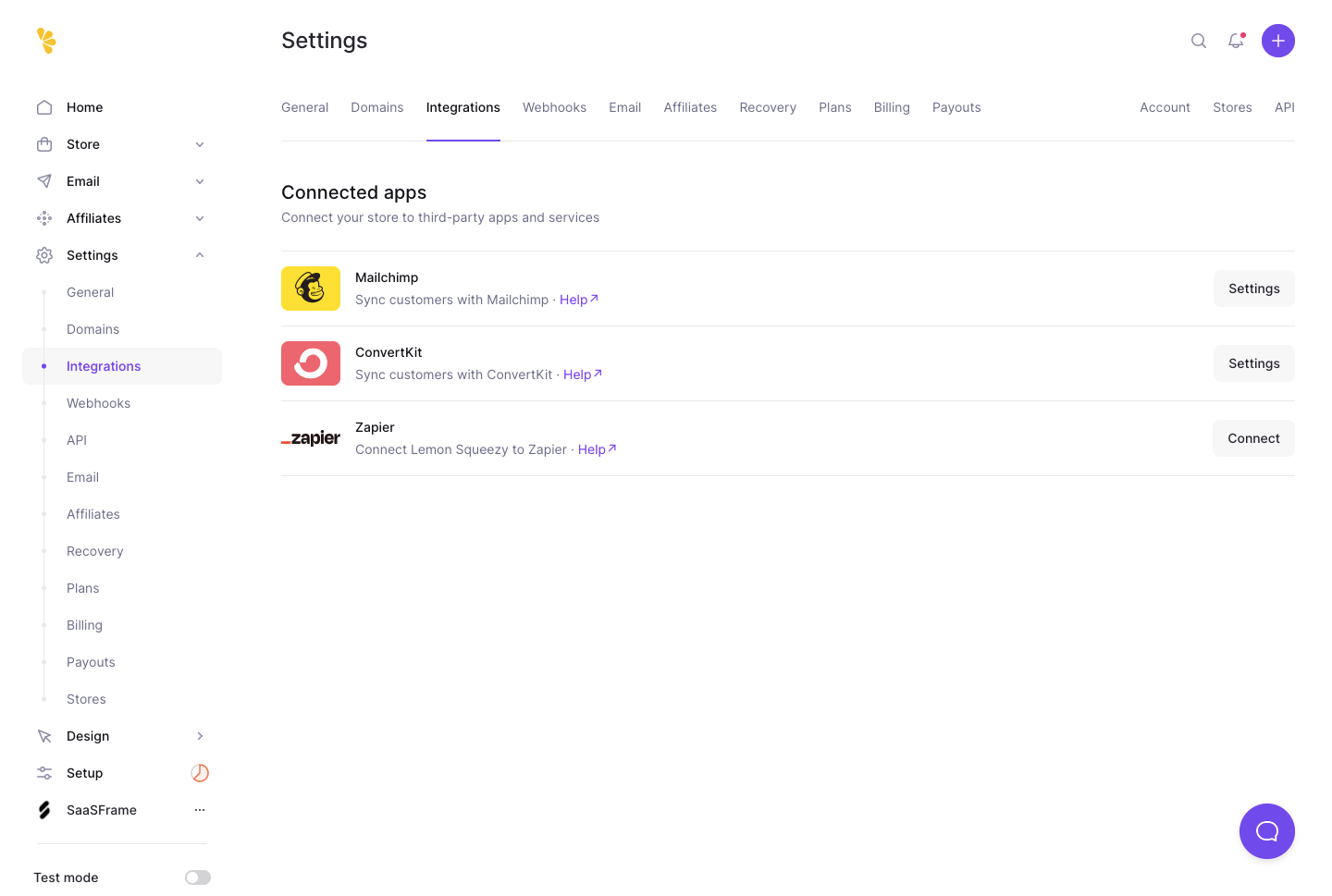 Lemon Squeezy Integrations Settings design reference captured in SaaSFrame