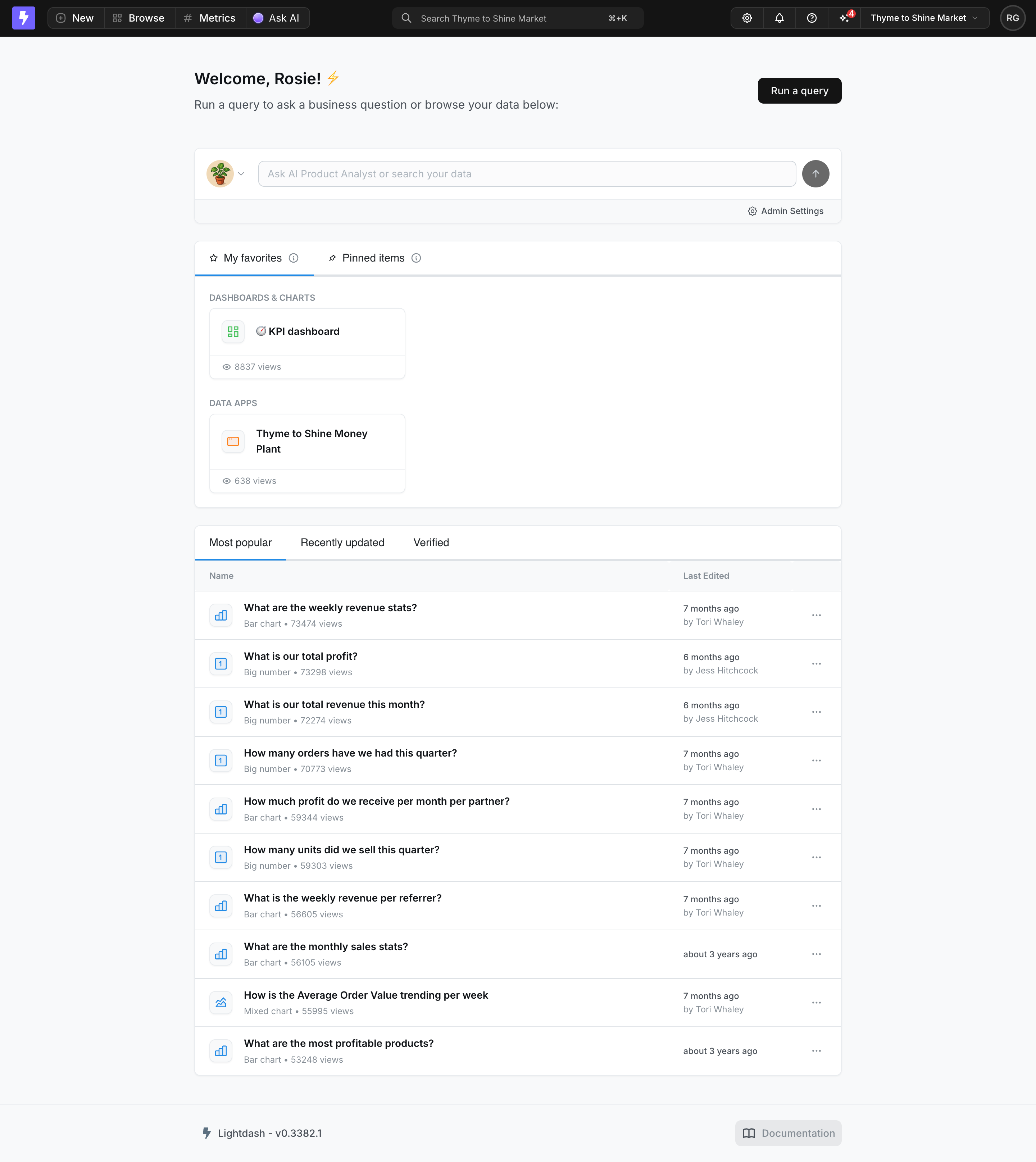 Lightdash SaaS dashboard showing a conversational input and workspace lists