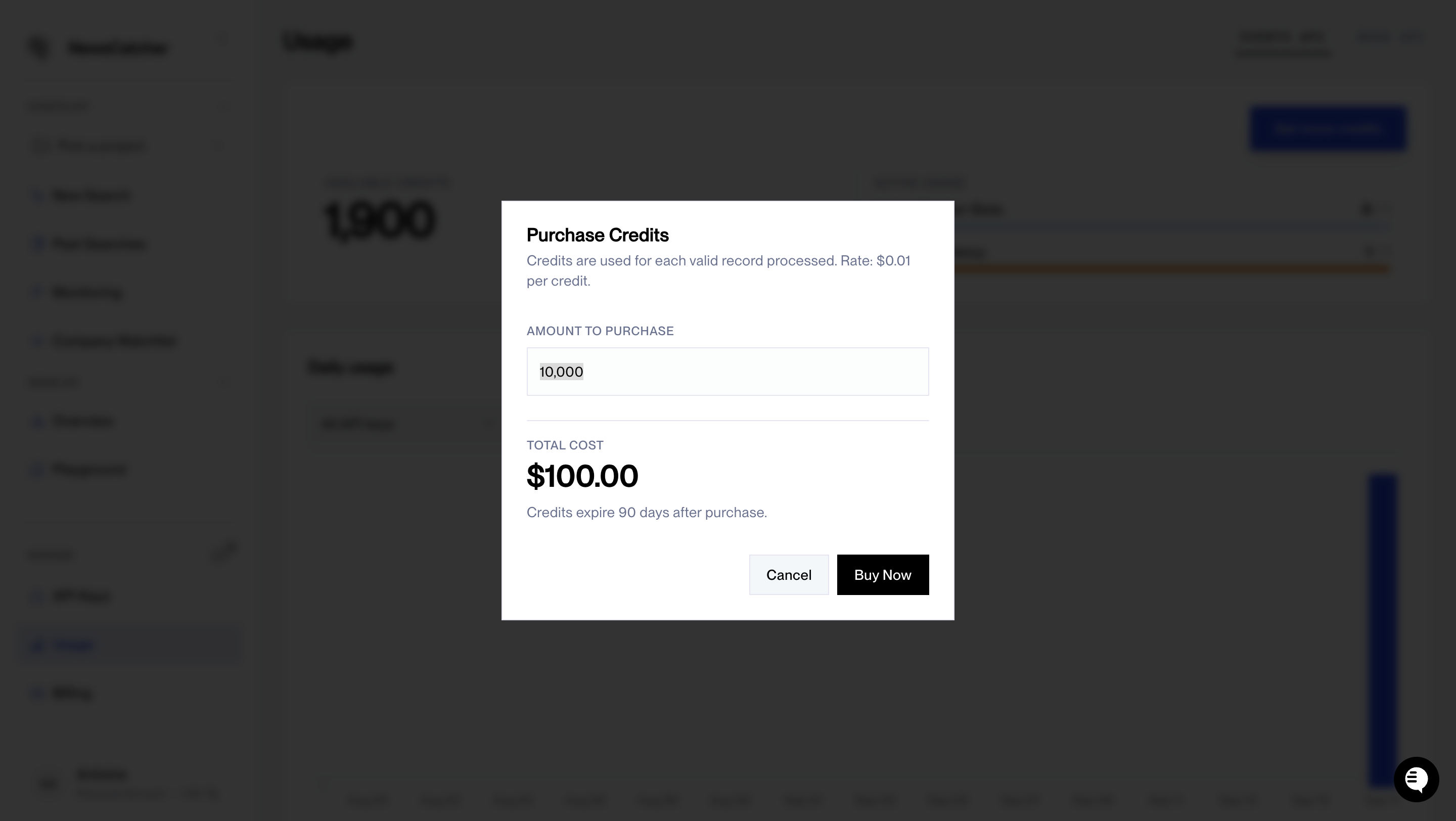 NewsCatcher Purchase Credits design reference captured in SaaSFrame