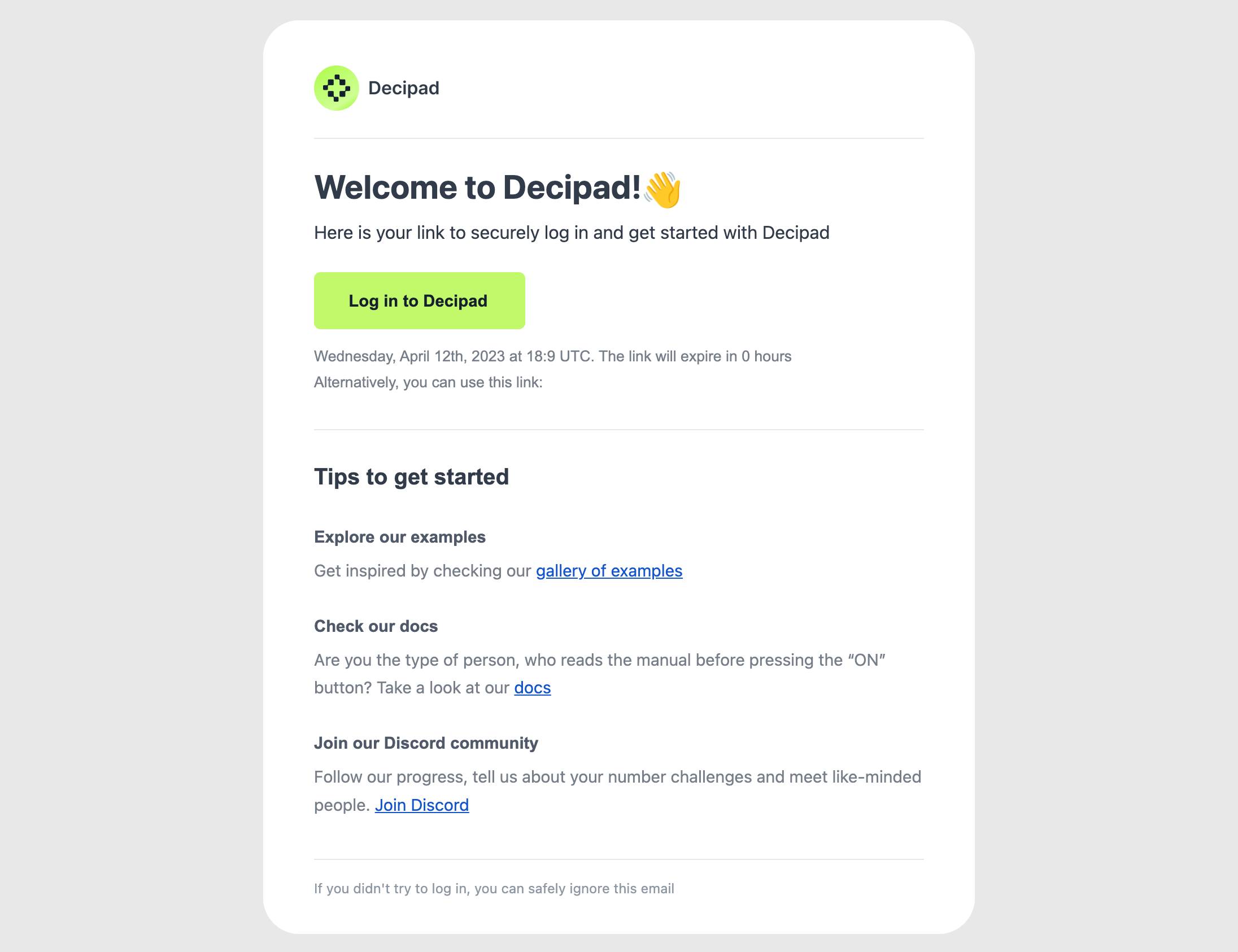 Decipad Magic Link Email design reference captured in SaaSFrame
