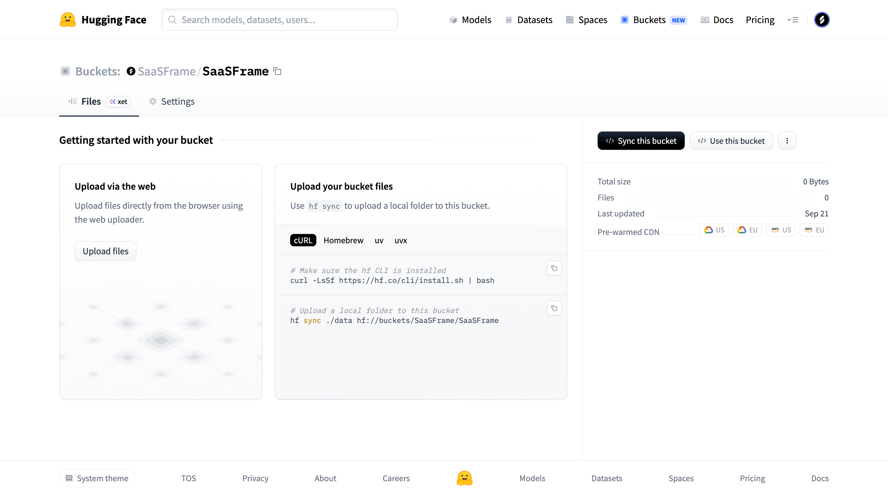 Hugging Face empty storage bucket with collection identity, zero-file summary, a web-upload action, and an alternative upload instruction area.