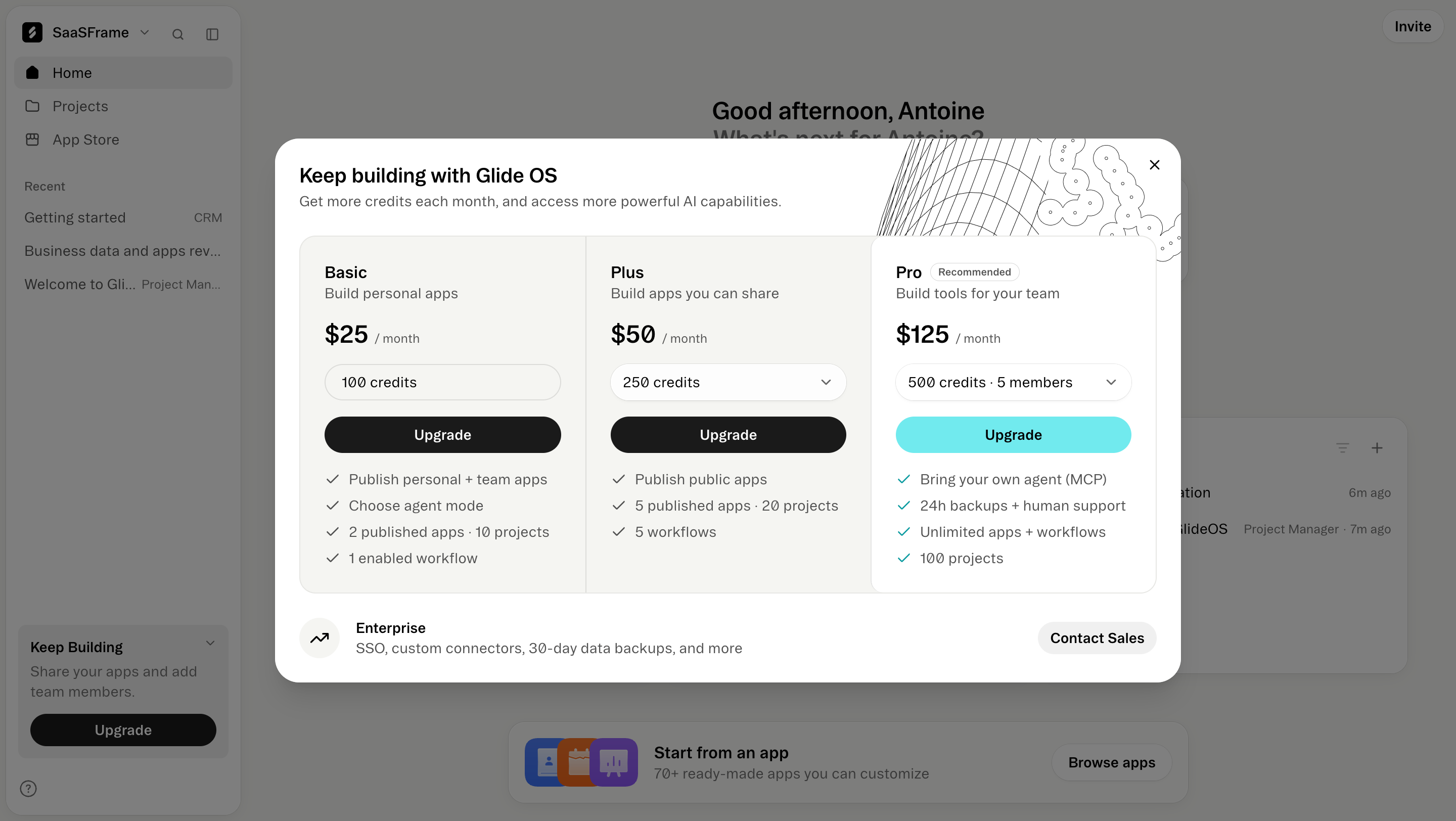 Glide Compare upgrade plans design reference captured in SaaSFrame