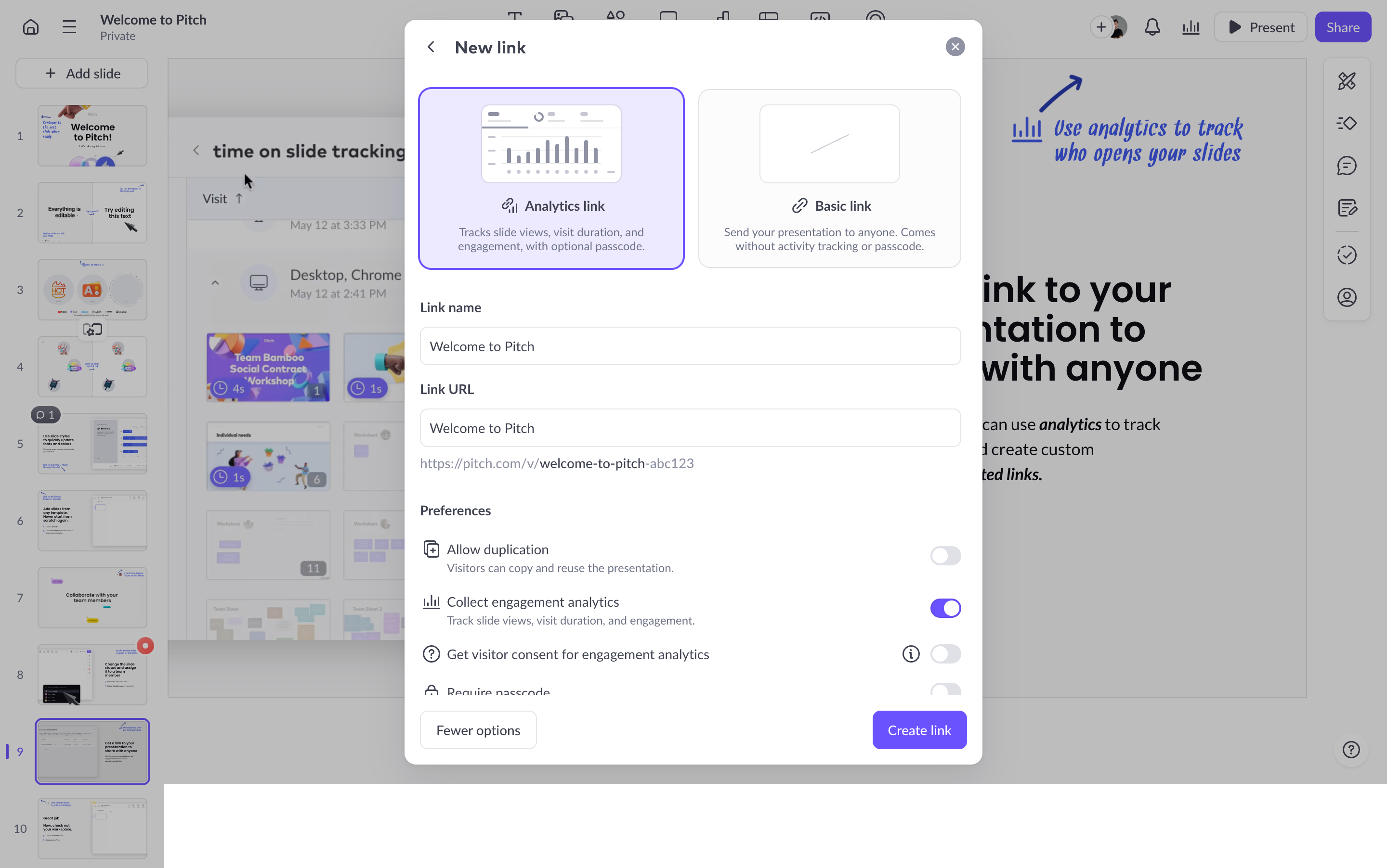 Pitch New link modal comparing Analytics link and Basic link with link name, URL, duplication, analytics, consent, and passcode controls