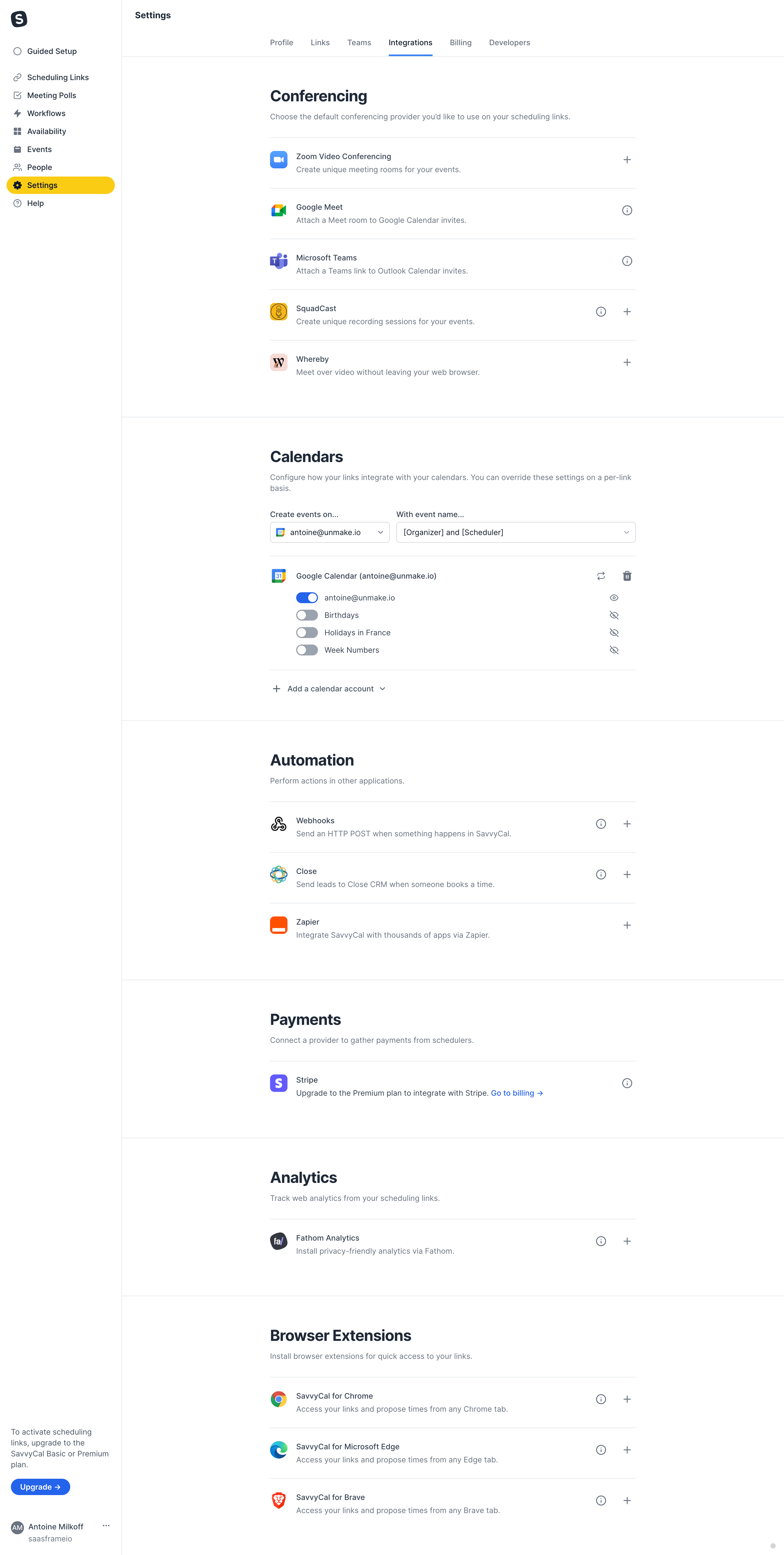 SavvyCal Integrations Settings design reference captured in SaaSFrame